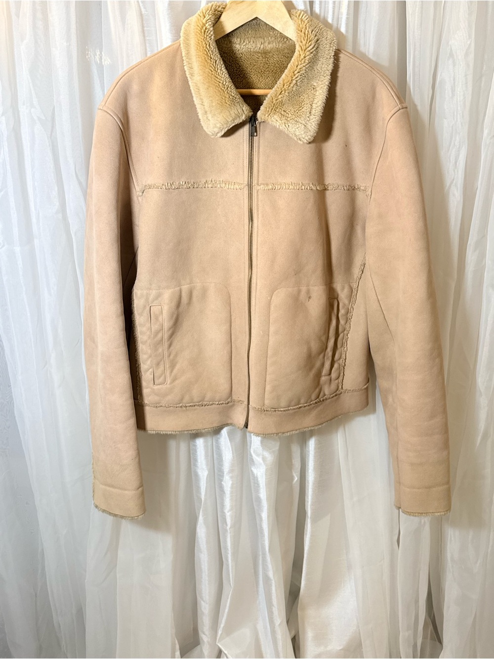 Women's Cream Shearling Collar Suede Zip Jacket